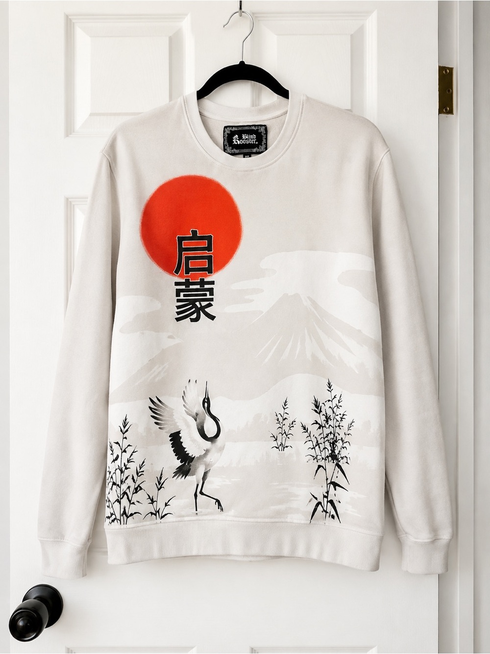 Men's Crewneck Sweatshirt in Cream with Japanese Crane & Red Sun Graphic